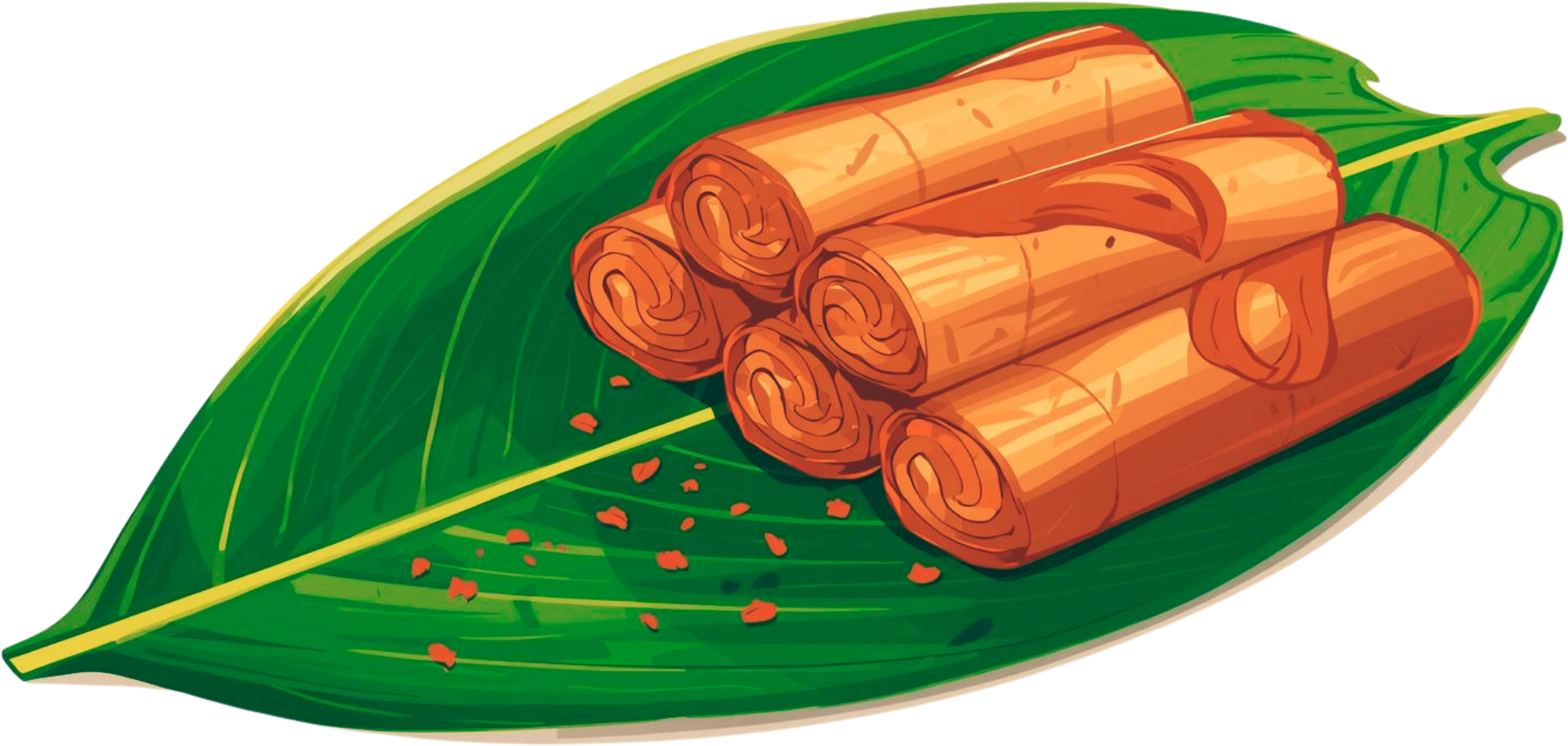 Golden rolls served on a green banana leaf